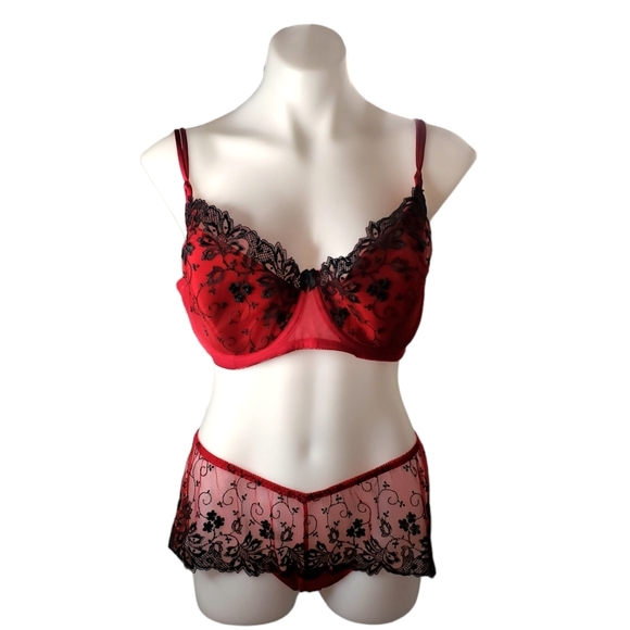 Victoria's Secret Vintage Fineal Semi Demi Bra 40DD & Boyshort Thong XL Red/Blk